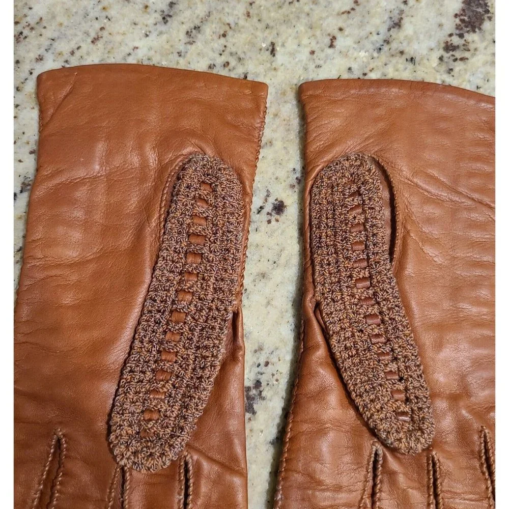 Vintage Size M 7 Brown Leather And Knit Handmade Gloves Hammer Of Hollywood